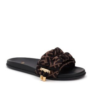 Fendi "Illusion" FF logo-print, ruched fabric sandals.